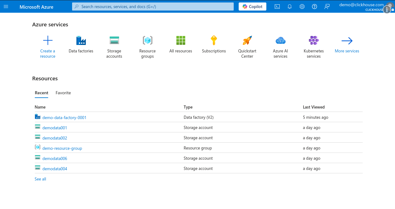 Data Factory가 표시된 Azure Portal 홈 페이지