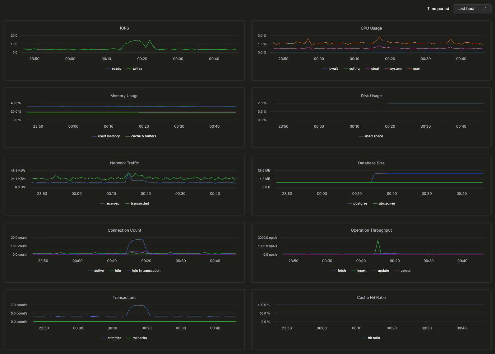 IOPS, CPU 사용량, 메모리, 디스크, 네트워크 트래픽, 데이터베이스 크기, 연결, 처리량, 트랜잭션, 캐시 적중률, 교착 상태를 보여주는 모니터링 대시보드