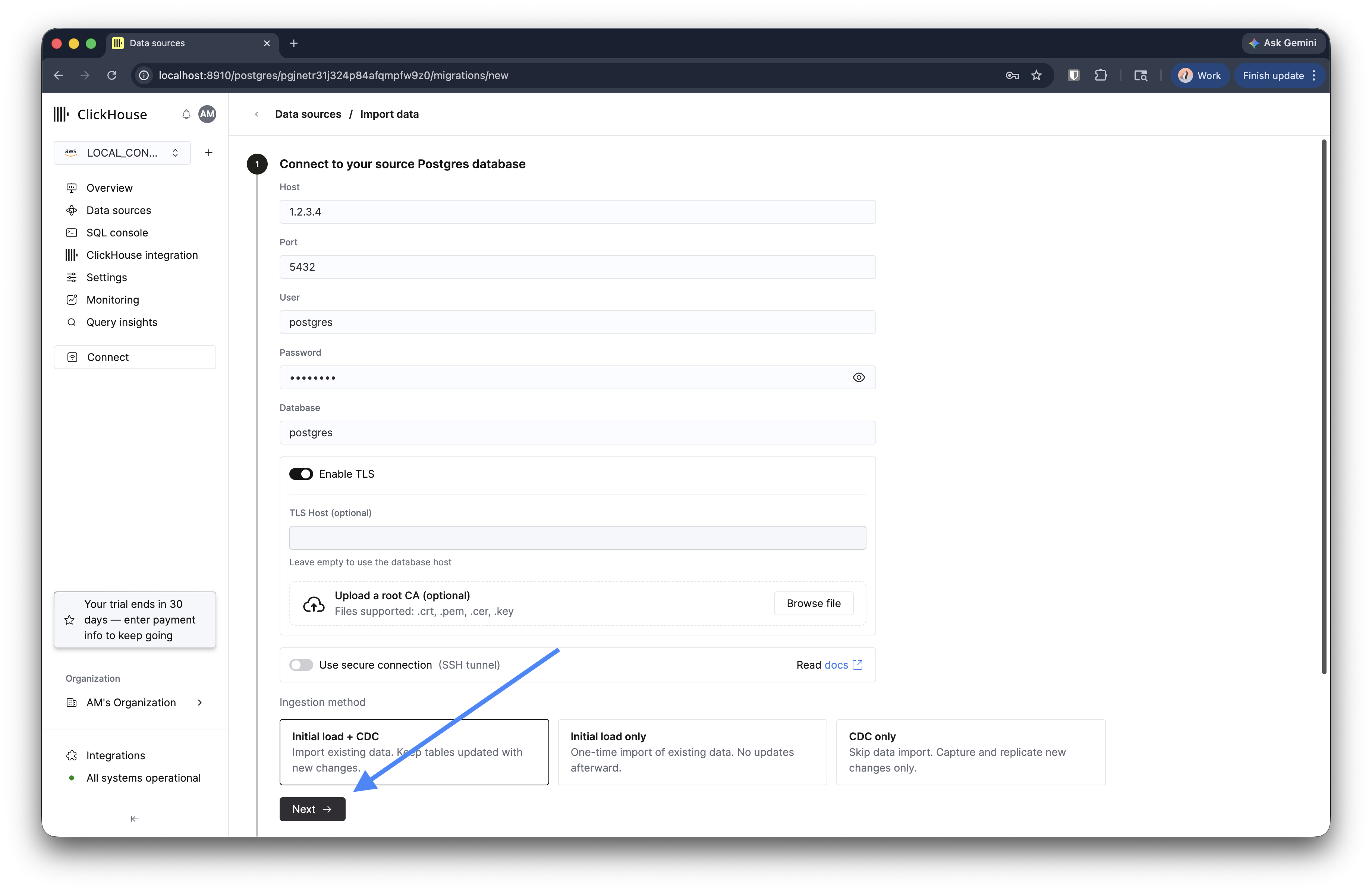 1단계: 수집 방식 옵션이 있는 원본 데이터베이스 연결 양식